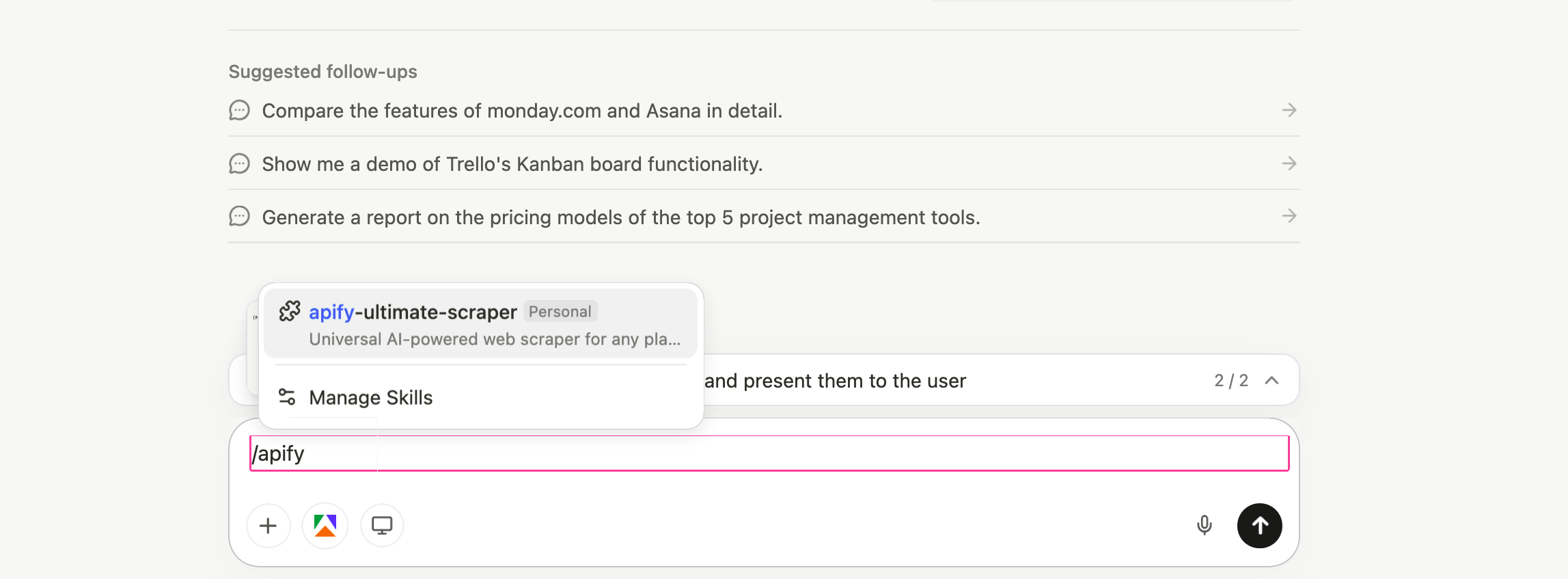 Manus chat input showing the /apify skill autocomplete with apify-ultimate-scraper suggested