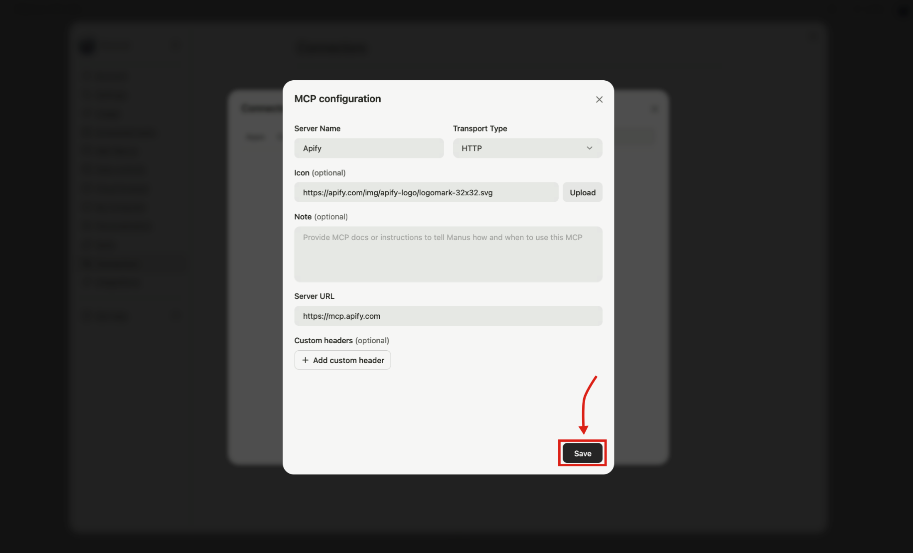 Manus MCP configuration form filled in with Apify server details and the Save button highlighted