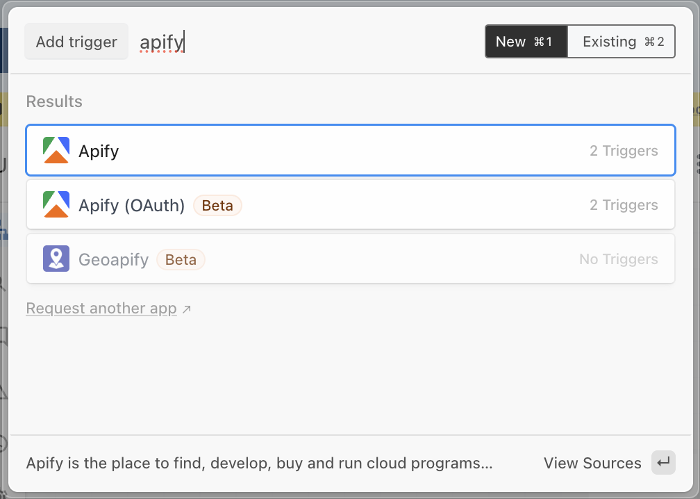 Selecting the Apify app in Pipedream