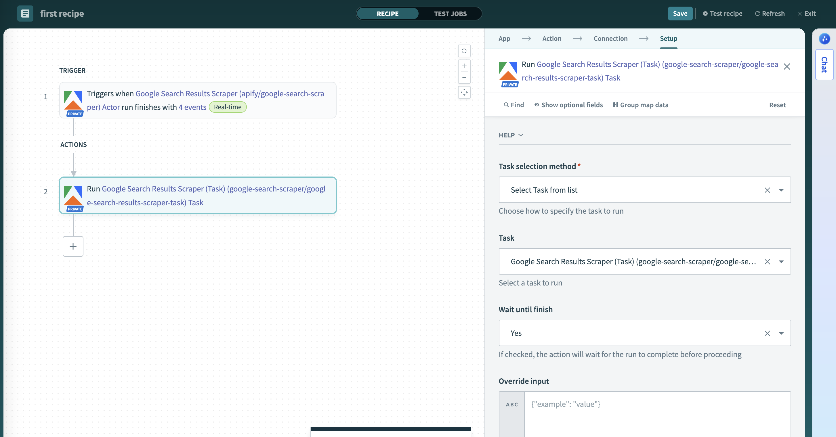 Screenshot of the run task action configuration in Workato